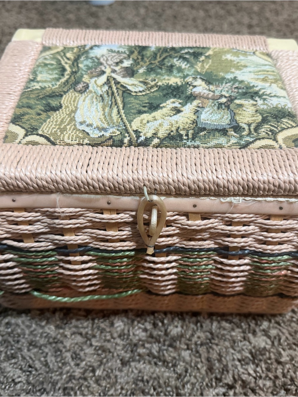 Vintage Woven Pink Tapestry Sewing Basket